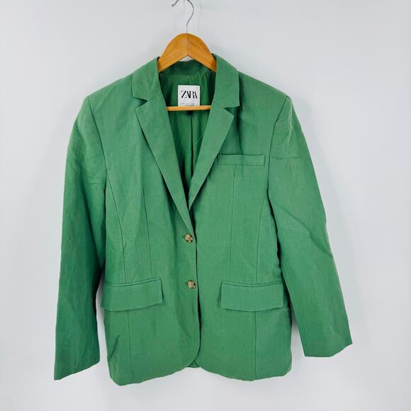 Zara Women’s Green Linen Blend Blazer Size Small Oversized Workwear Layering - Picture 6 of 6